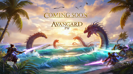 The exact same fantasy battle scene on a tropical summer beach with palm trees, blue ocean, an...png